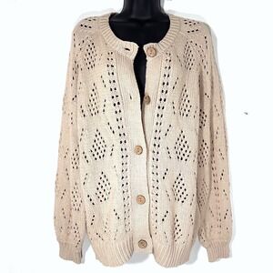 Womens M Beige Open Knit Diamond Pattern Cardigan Sweater Crochet Cottagecore